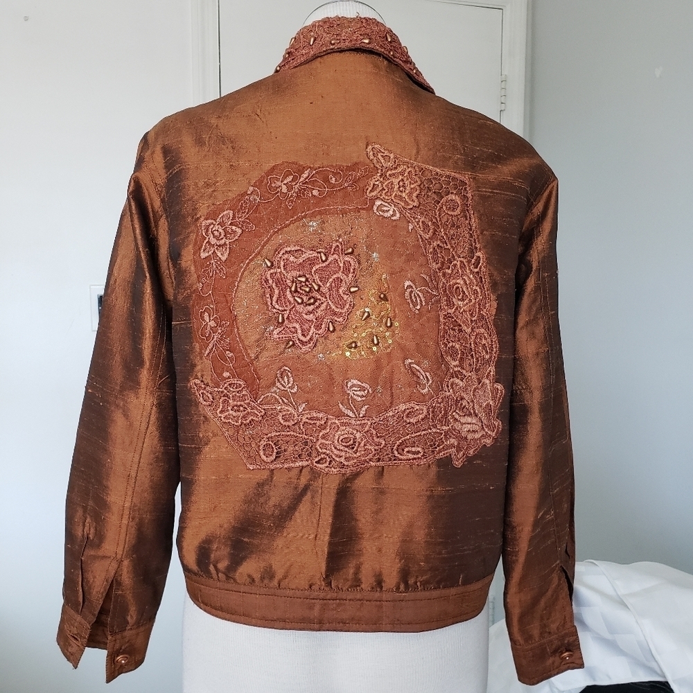 Coldwater Creek Bronze Lace & Bead Silk Blend Ornate Shimmering Jacket Size SP - Picture 2 of 9